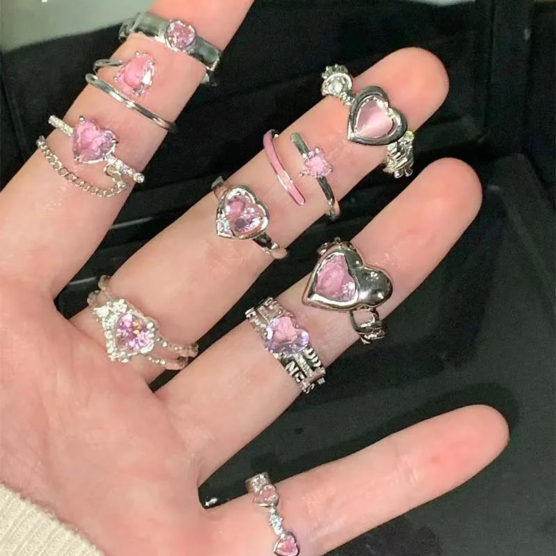 2025 Kpop Pink Zircon Heart Open Ring for Women Girls Luxury Blue Opal Heart Couple Finger Rings Wedding Y2K Jewelry