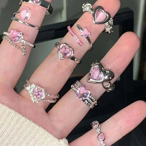 2025 Kpop Pink Zircon Heart Open Ring for Women Girls Luxury Blue Opal Heart Couple Finger Rings Wedding Y2K Jewelry