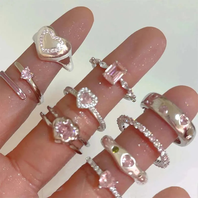 2026 New Pink Crystal Irregular Heart Rings for Women Luxury Exquisite Zircon Bowknot Open Adjustable Ring Y2K Rings Jewelry