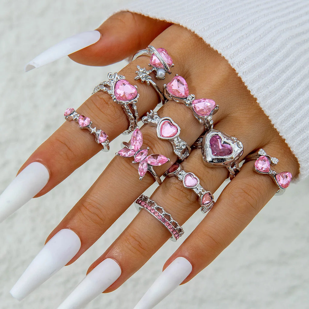Fashion Pink Crystal Irregular Heart Ring Set for Women Y2K Shiny Zircon Opal Love Open Rings Kpop Punk Girl Party Jewelry Gifts