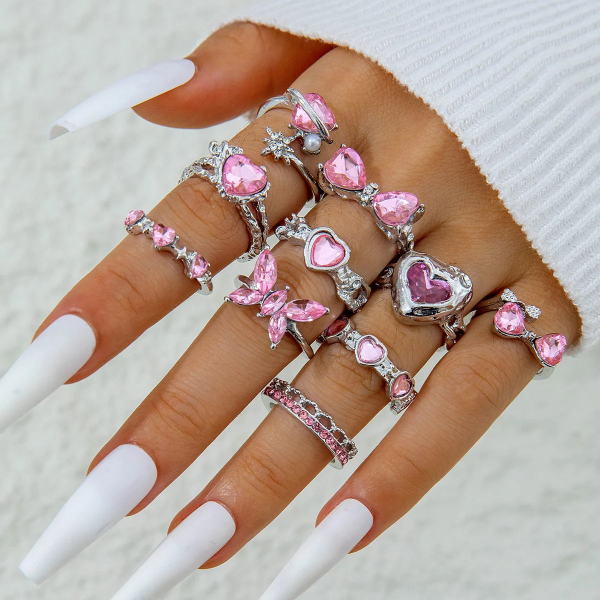 Fashion Pink Crystal Irregular Heart Ring Set for Women Y2K Shiny Zircon Opal Love Open Rings Kpop Punk Girl Party Jewelry Gifts