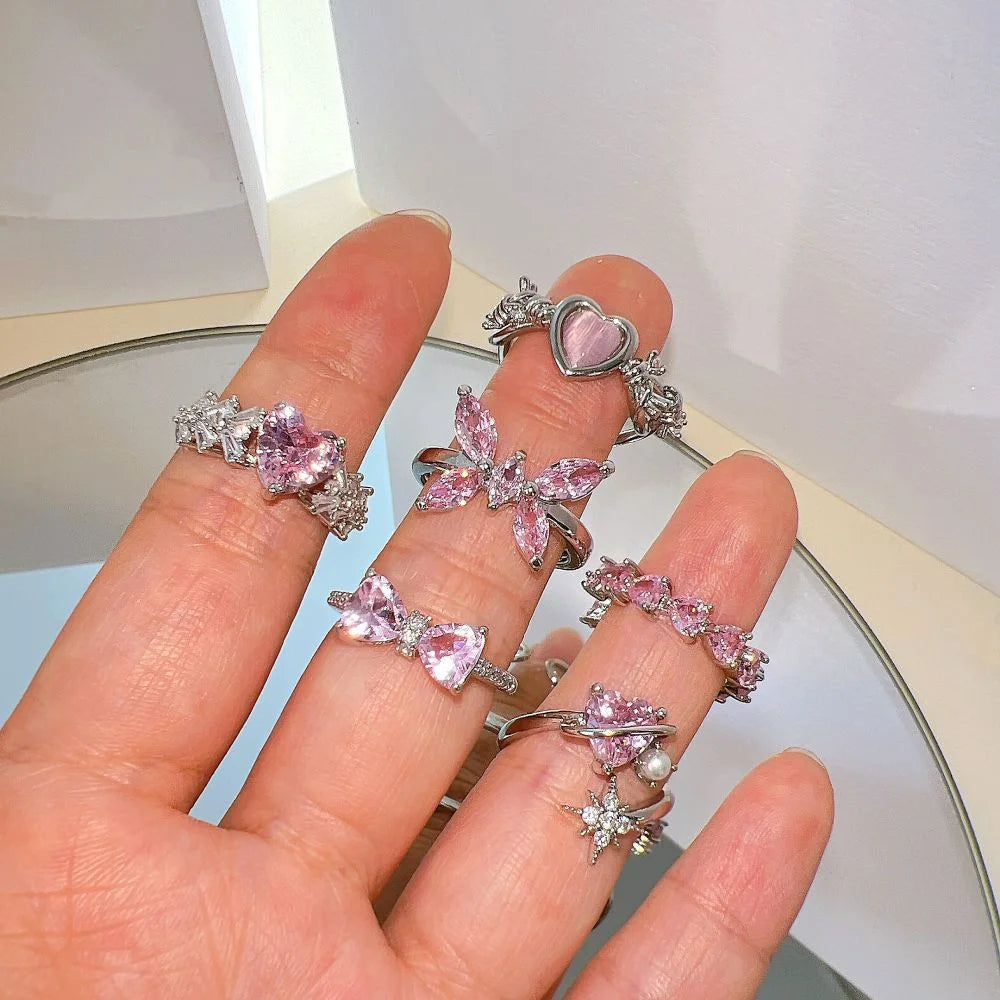 Fashion Pink Crystal Irregular Heart Ring Set for Women Y2K Shiny Zircon Opal Love Open Rings Kpop Punk Girl Party Jewelry Gifts