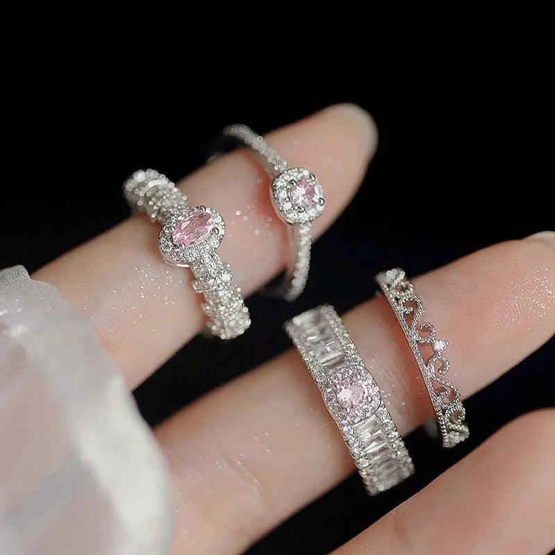 2026 New Pink Crystal Irregular Heart Rings for Women Luxury Exquisite Zircon Bowknot Open Adjustable Ring Y2K Rings Jewelry