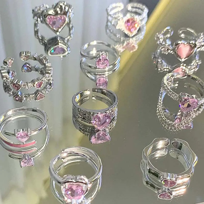 2025 Kpop Pink Zircon Heart Open Ring for Women Girls Luxury Blue Opal Heart Couple Finger Rings Wedding Y2K Jewelry
